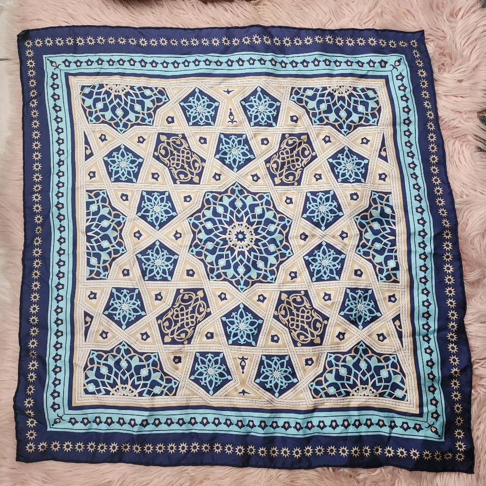 The British Museum 100% silk scarf blue geometric